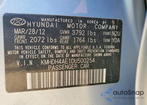 2013 Hyundai Elantra Gls из США, поврежденный, VIN KMHDH4AE1DU500254